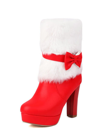 Weihnachtsstiefeletten mit Kunstfellbesatz, Schleifen und Blockabsatz