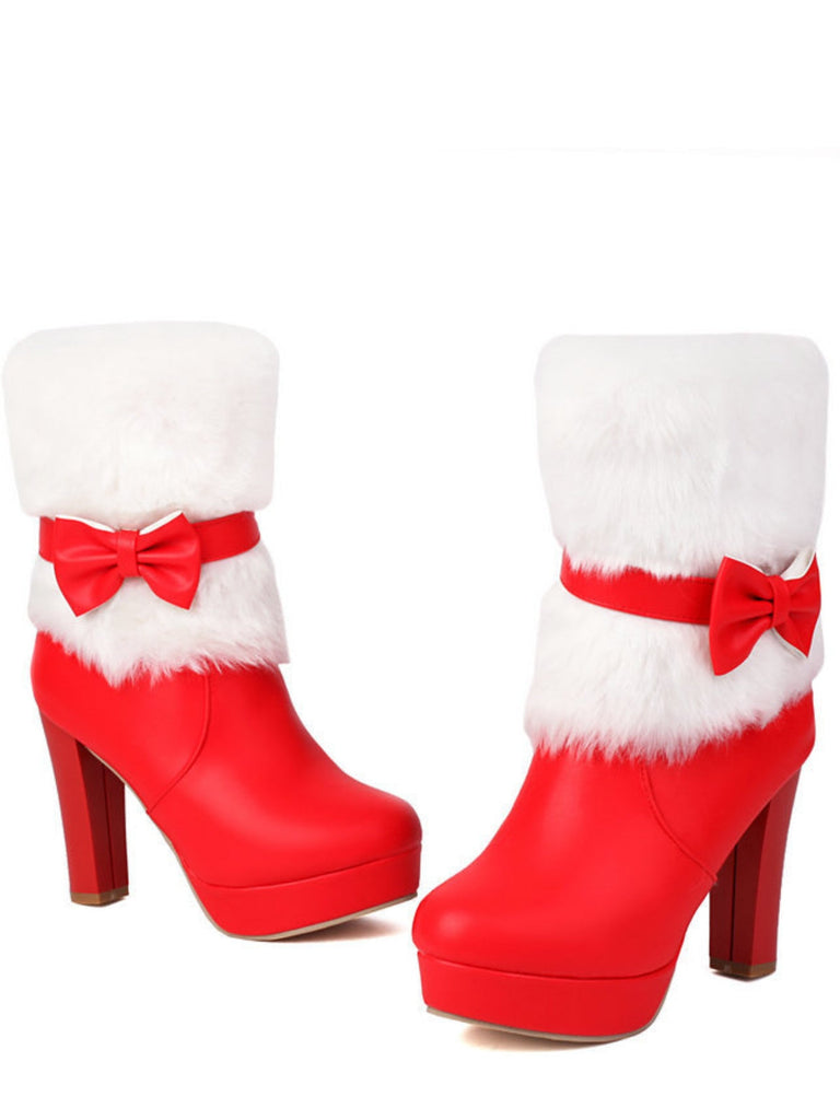 Weihnachtsstiefeletten mit Kunstfellbesatz, Schleifen und Blockabsatz