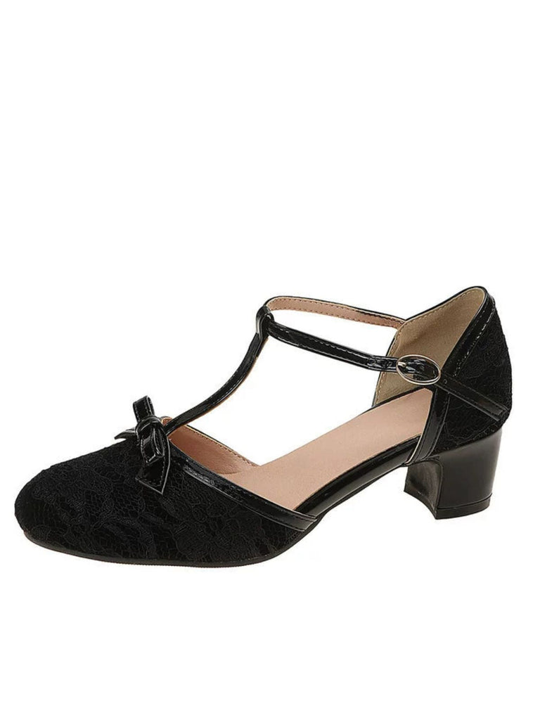 Vintage-T-Riemen-Pumps mit Schleife und Blockabsatz