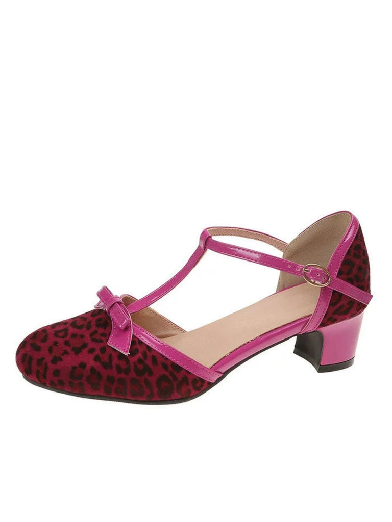 Vintage-T-Riemen-Pumps mit Schleife und Blockabsatz