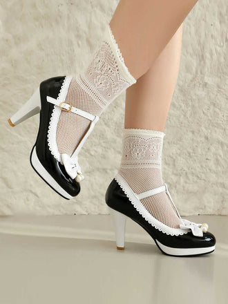Retro Bogen Perle T-Riemen Kontrast High Heels
