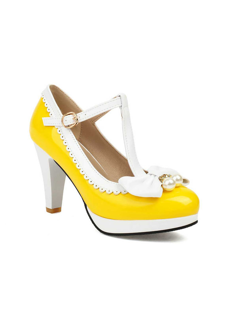 Retro Bogen Perle T-Riemen Kontrast High Heels