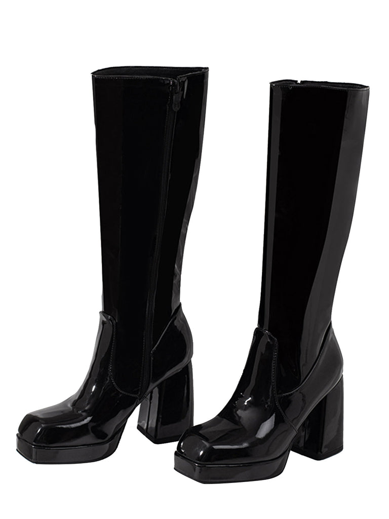 Solide Patent Leder Round Toe Hoher Absatz Stiefel