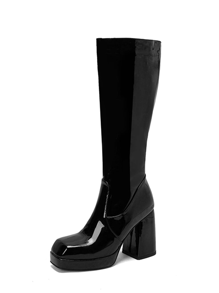 Solide Patent Leder Round Toe Hoher Absatz Stiefel