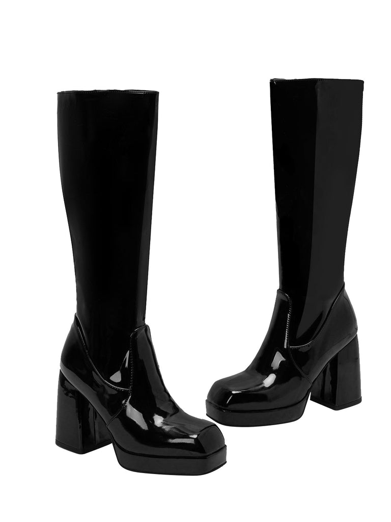 Solide Patent Leder Round Toe Hoher Absatz Stiefel