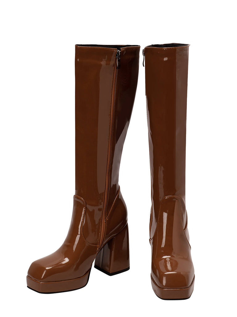 Solide Patent Leder Round Toe Hoher Absatz Stiefel