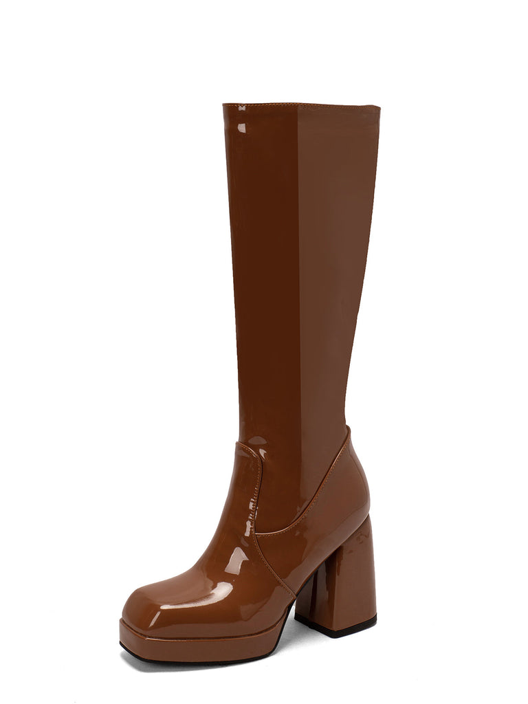 Solide Patent Leder Round Toe Hoher Absatz Stiefel