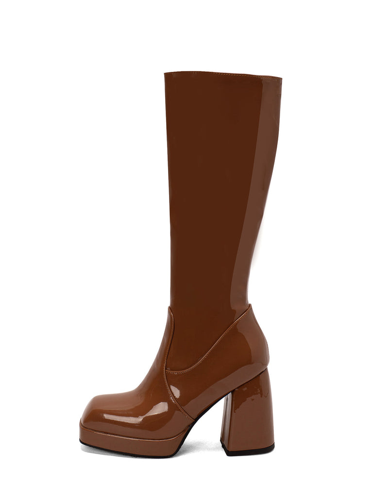 Solide Patent Leder Round Toe Hoher Absatz Stiefel