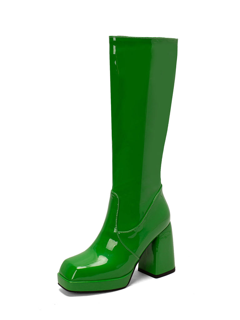 Solide Patent Leder Round Toe Hoher Absatz Stiefel