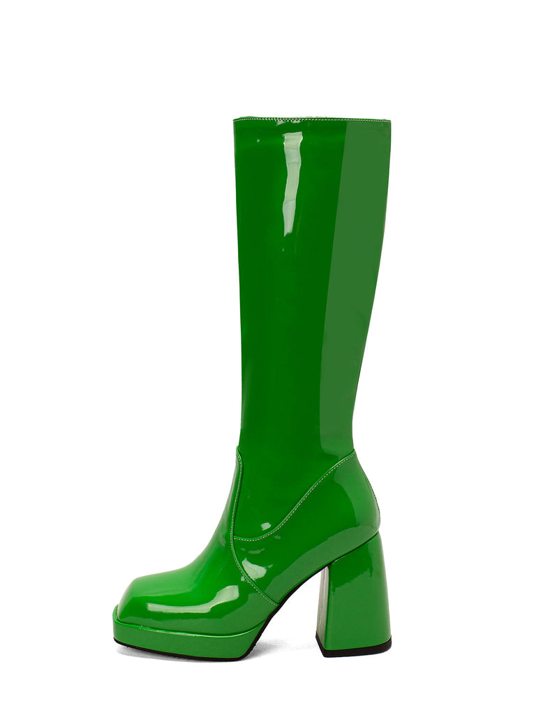 Solide Patent Leder Round Toe Hoher Absatz Stiefel
