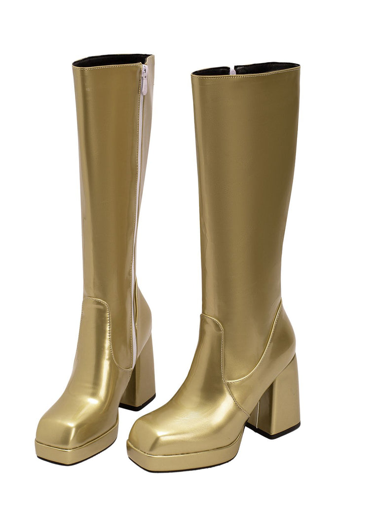 Solide Patent Leder Round Toe Hoher Absatz Stiefel