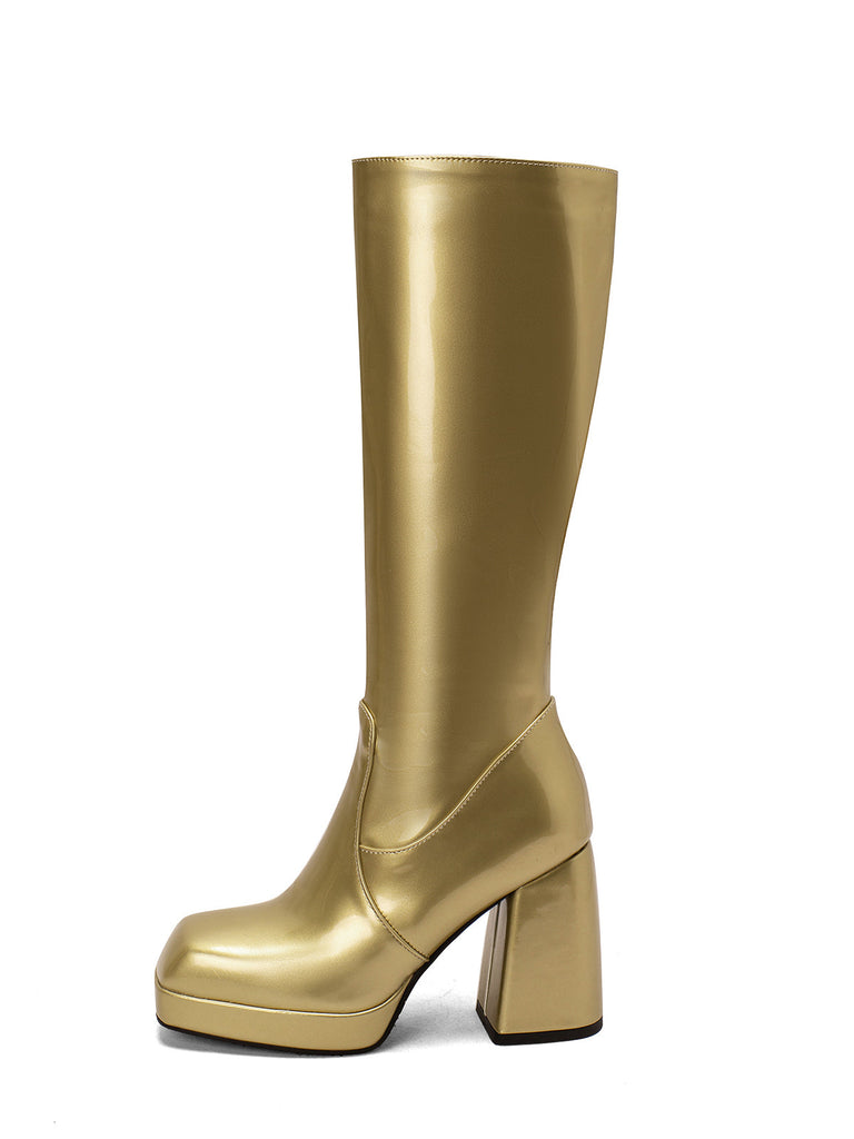Solide Patent Leder Round Toe Hoher Absatz Stiefel