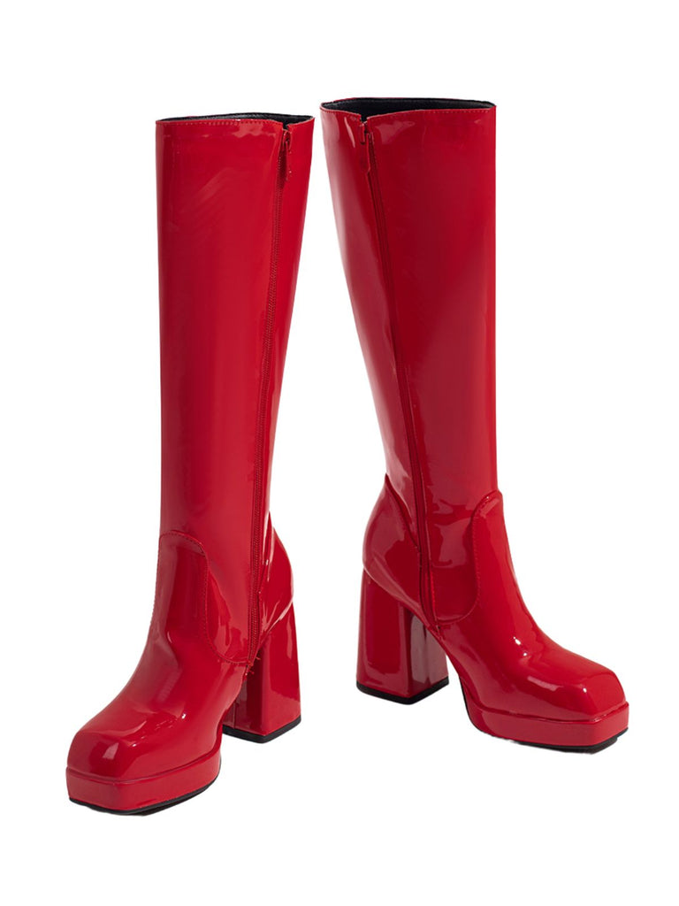 Solide Patent Leder Round Toe Hoher Absatz Stiefel