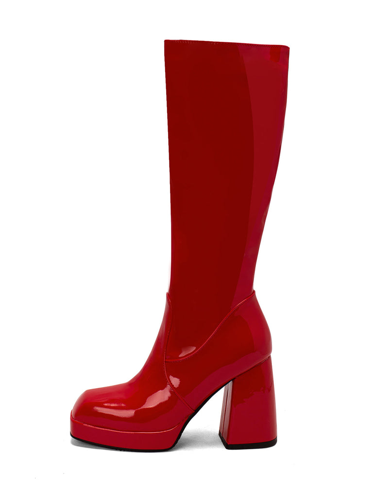 Solide Patent Leder Round Toe Hoher Absatz Stiefel