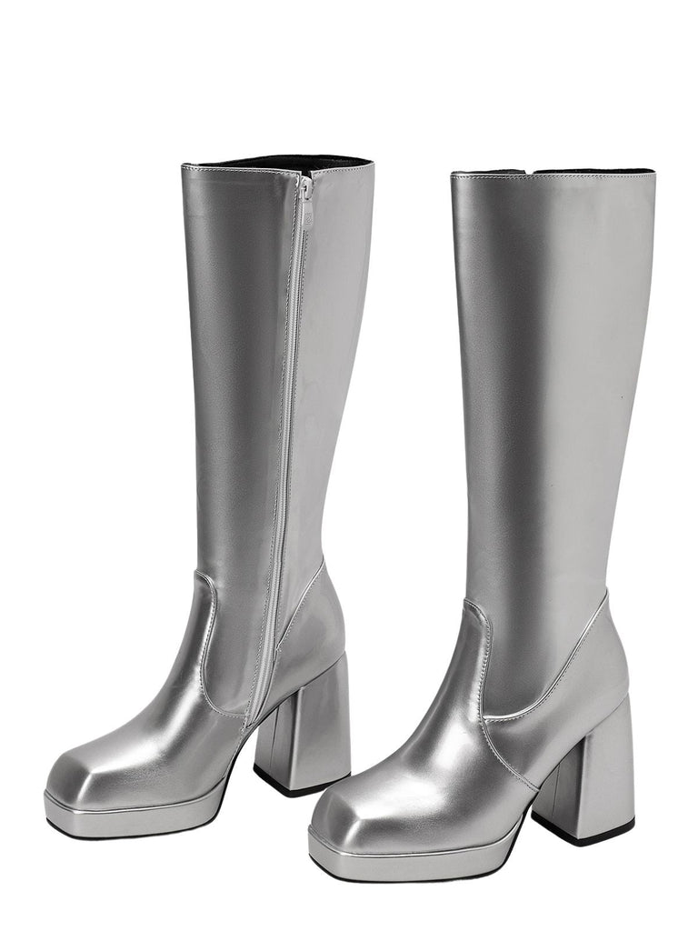 Solide Patent Leder Round Toe Hoher Absatz Stiefel