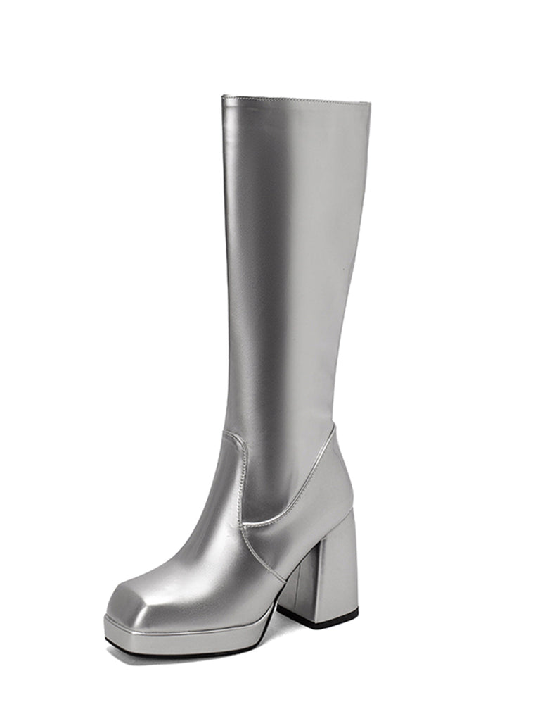 Solide Patent Leder Round Toe Hoher Absatz Stiefel