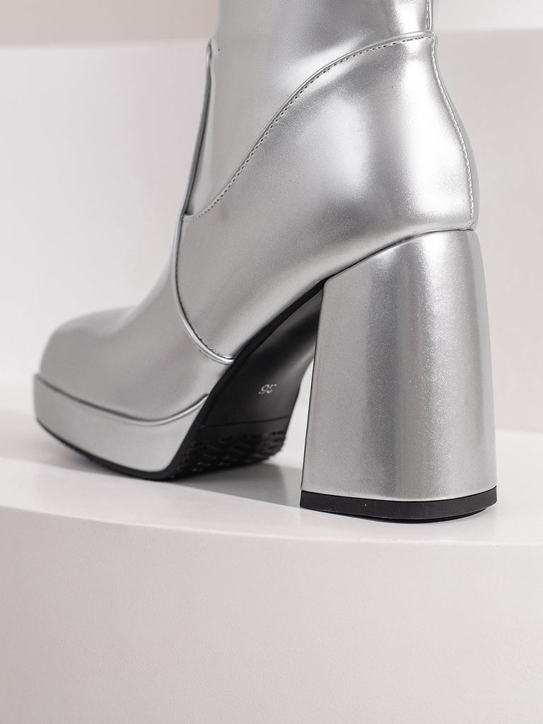 Solide Patent Leder Round Toe Hoher Absatz Stiefel