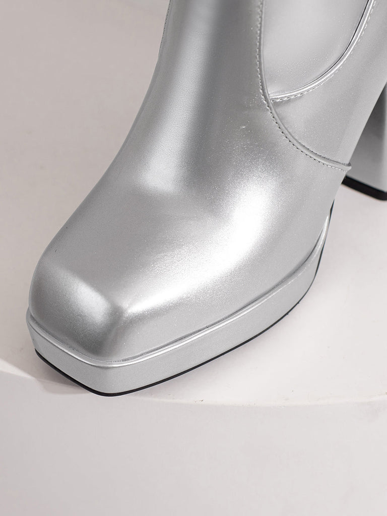 Solide Patent Leder Round Toe Hoher Absatz Stiefel