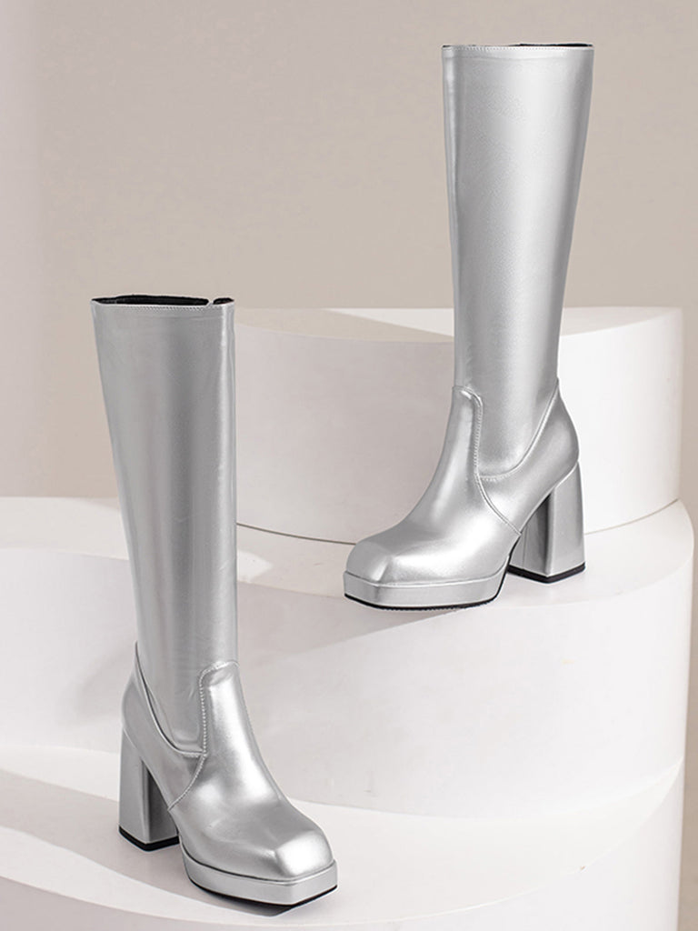 Solide Patent Leder Round Toe Hoher Absatz Stiefel