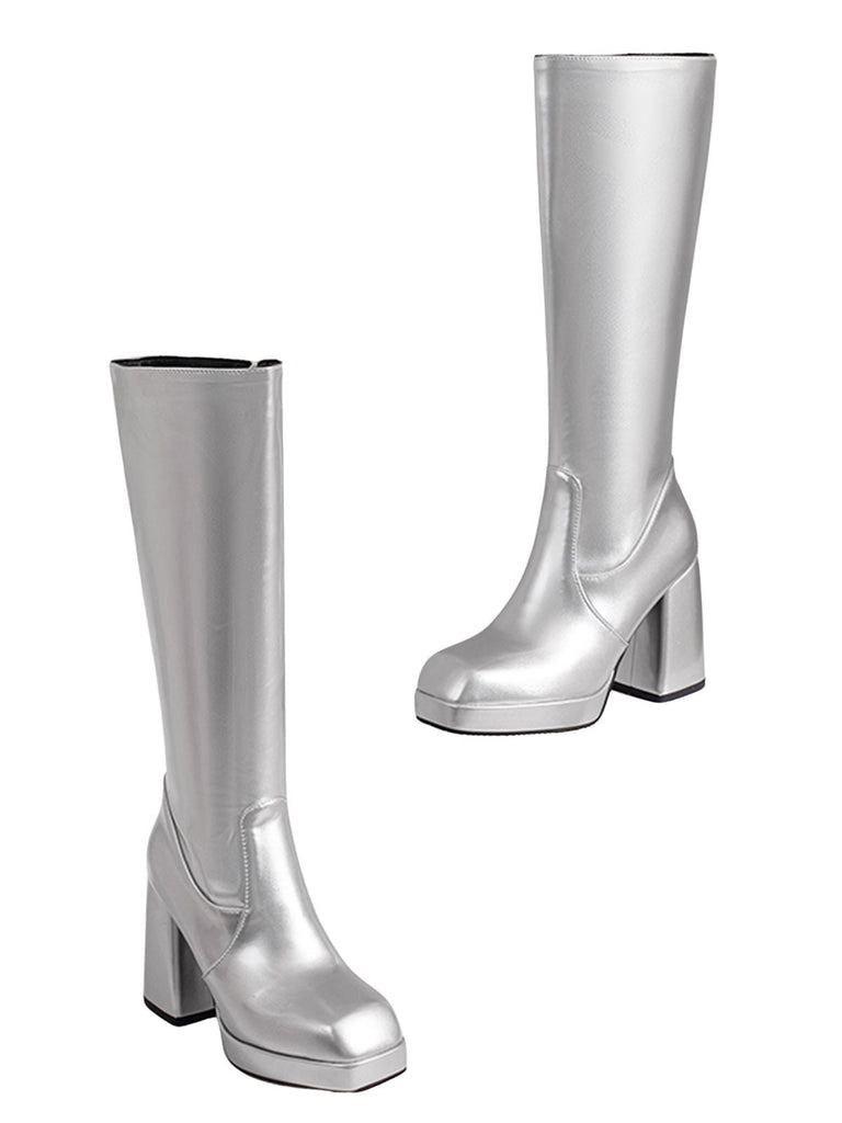 Solide Patent Leder Round Toe Hoher Absatz Stiefel