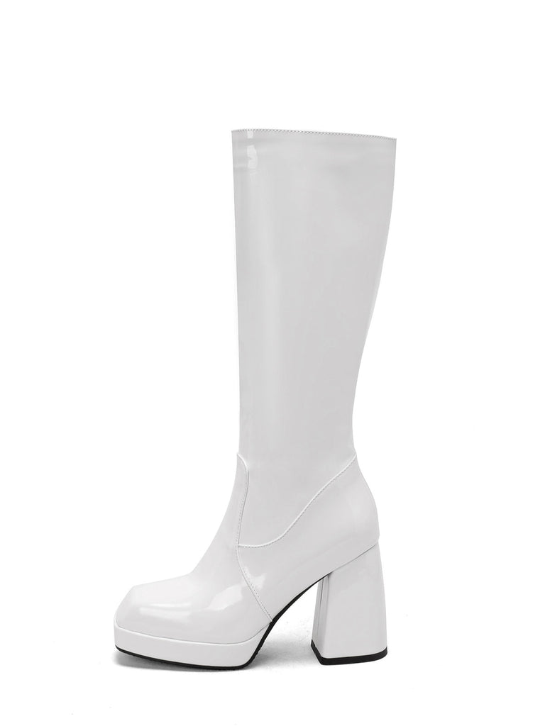 Solide Patent Leder Round Toe Hoher Absatz Stiefel