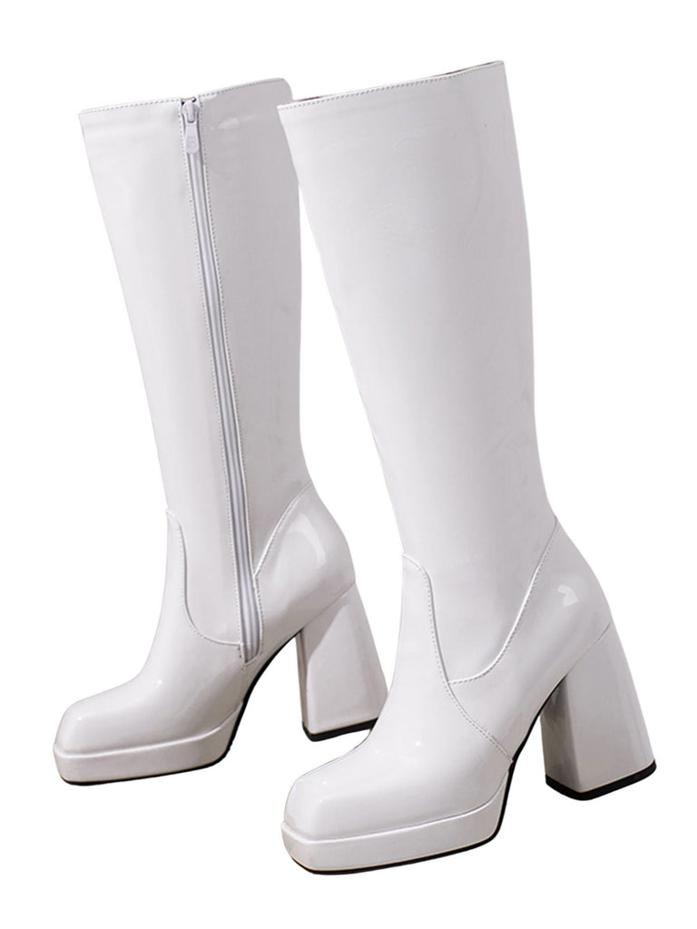 Solide Patent Leder Round Toe Hoher Absatz Stiefel