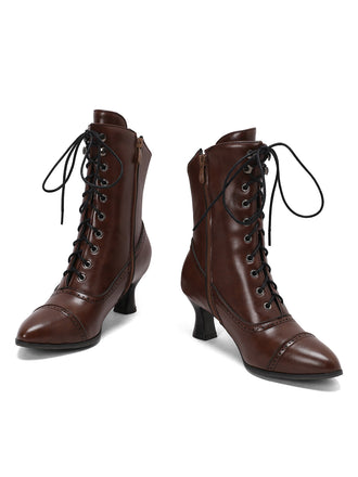Braun Retro Leder Hohem Absatz Stiefel