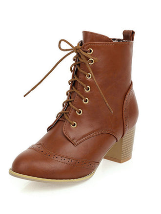 Braune Retro Leder Medium Heel Schnürung Combat Kampfstiefel