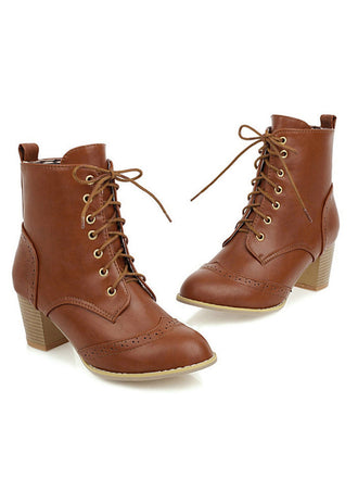 Braune Retro Leder Medium Heel Schnürung Combat Kampfstiefel