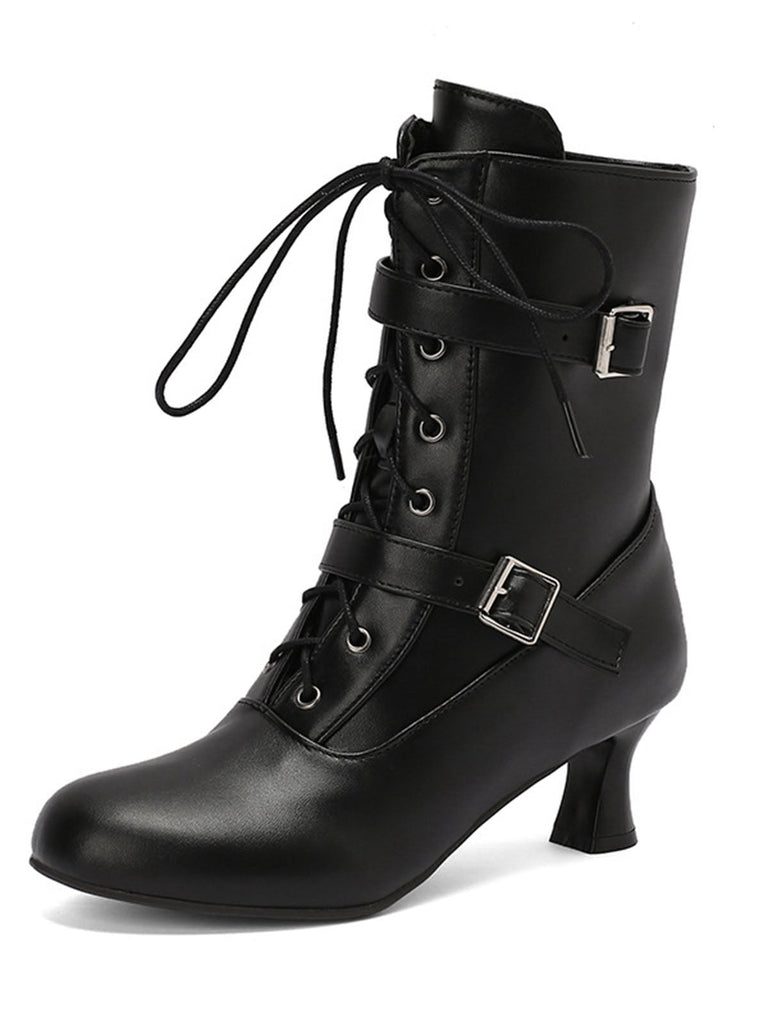 Schwarz Vintage Leder Schnürung Hohe Absätze Stiefel