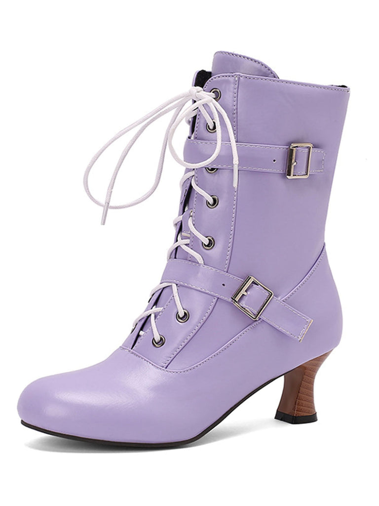 Schwarz Vintage Leder Schnürung Hohe Absätze Stiefel