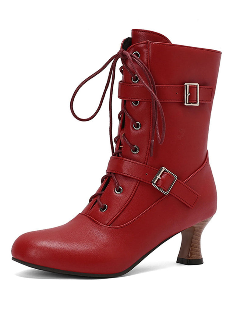 Schwarz Vintage Leder Schnürung Hohe Absätze Stiefel