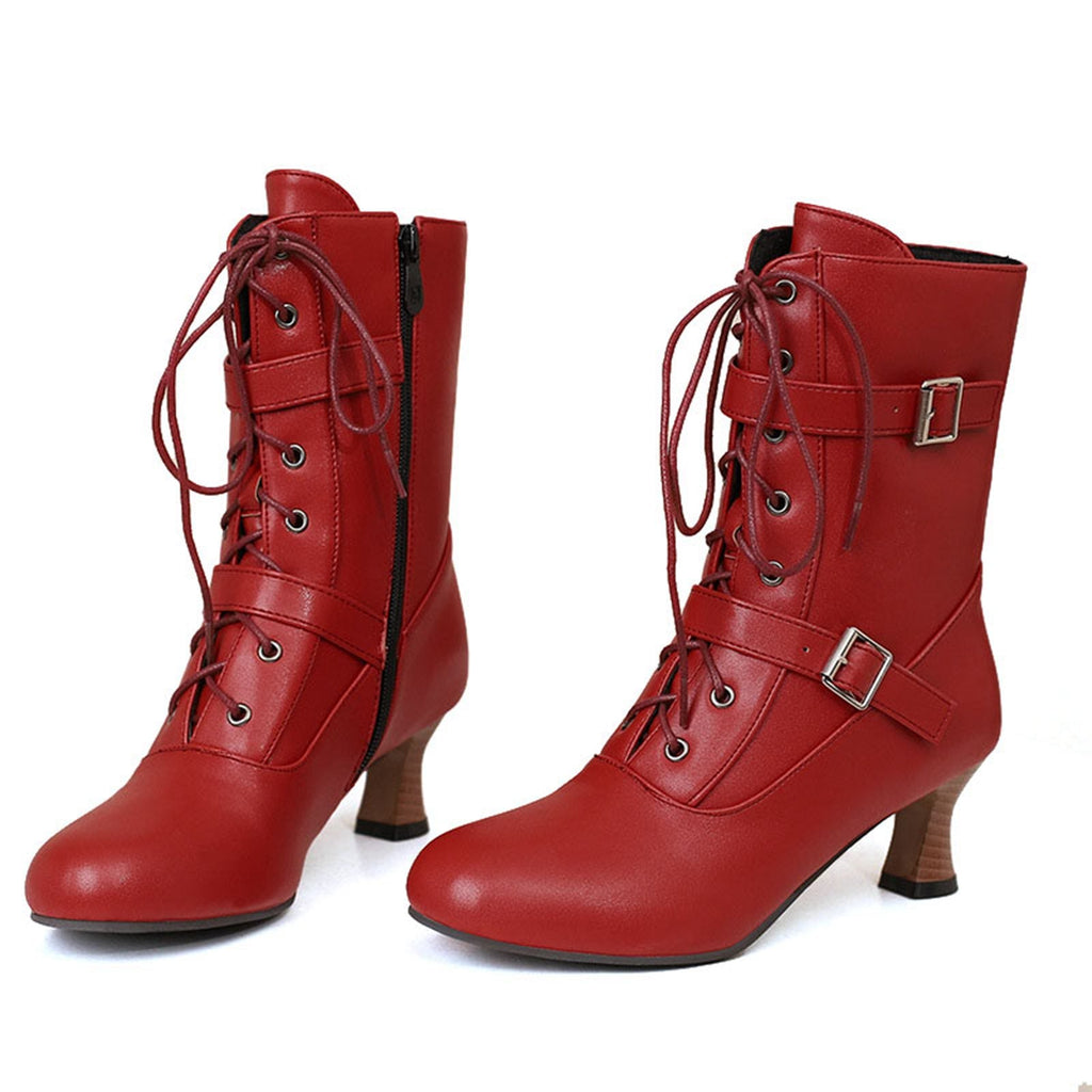 Schwarz Vintage Leder Schnürung Hohe Absätze Stiefel