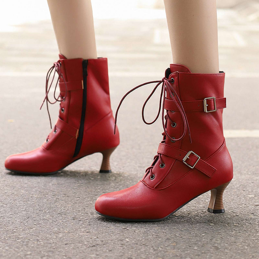 Schwarz Vintage Leder Schnürung Hohe Absätze Stiefel