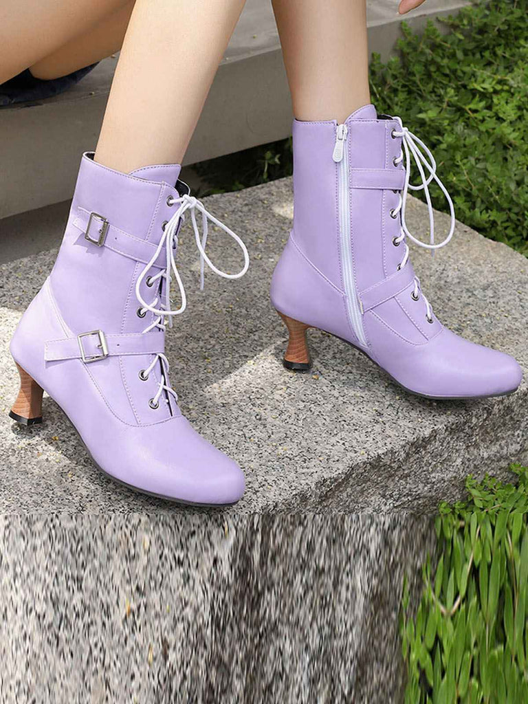 Schwarz Vintage Leder Schnürung Hohe Absätze Stiefel