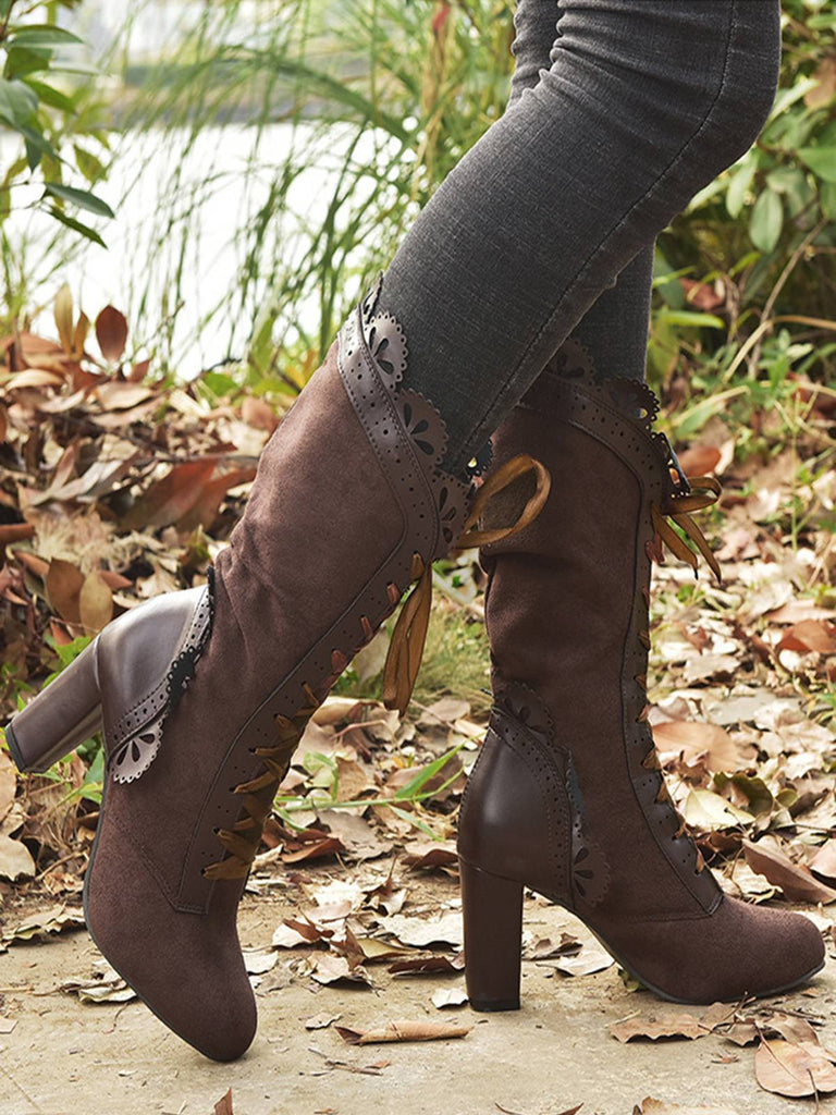 Leder Blütenblattrand Schnürung Halbhohe Stiefel