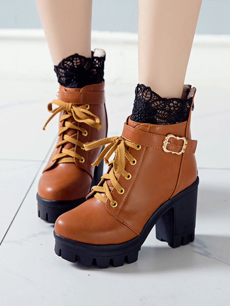 Leder Spitze Patchwork High Heel Ankle Stiefel