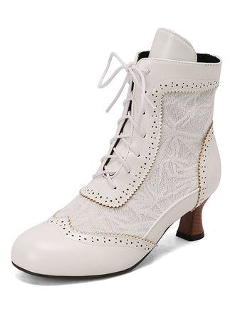 Weiß Vintage Leder Solide Spitze Stiefel mit Absatz