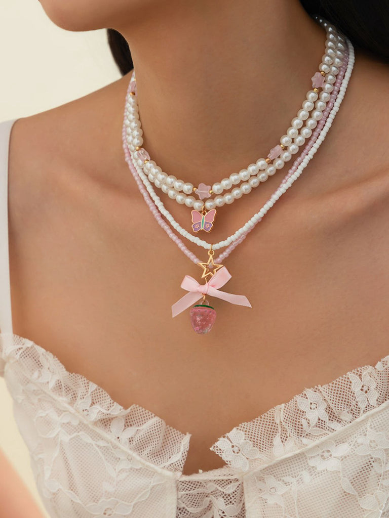 Rosa & Weiß Perle Bogen Schmetterling Halsketten Set