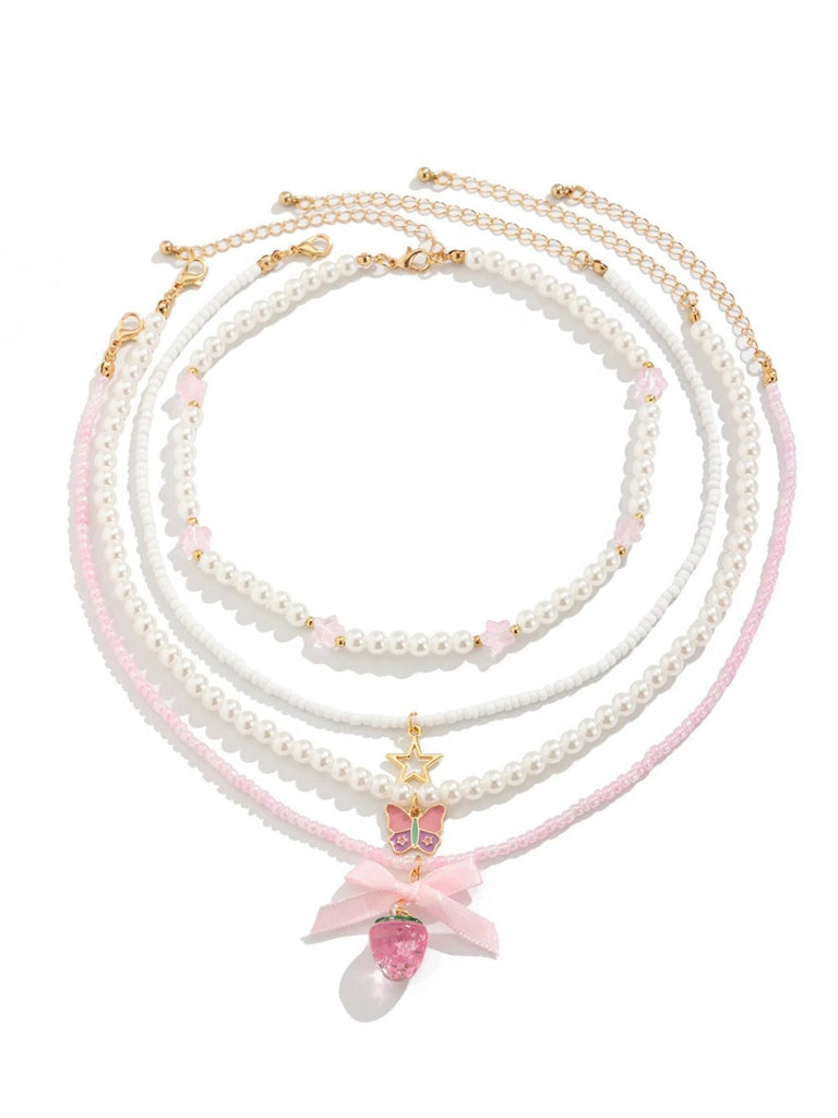 Rosa & Weiß Perle Bogen Schmetterling Halsketten Set