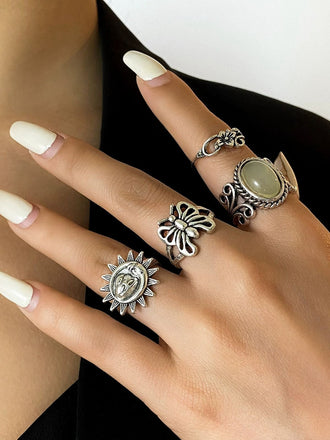 Silber Vintage Hippie Schmetterling Blumen Ring Set