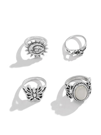 Silber Vintage Hippie Schmetterling Blumen Ring Set
