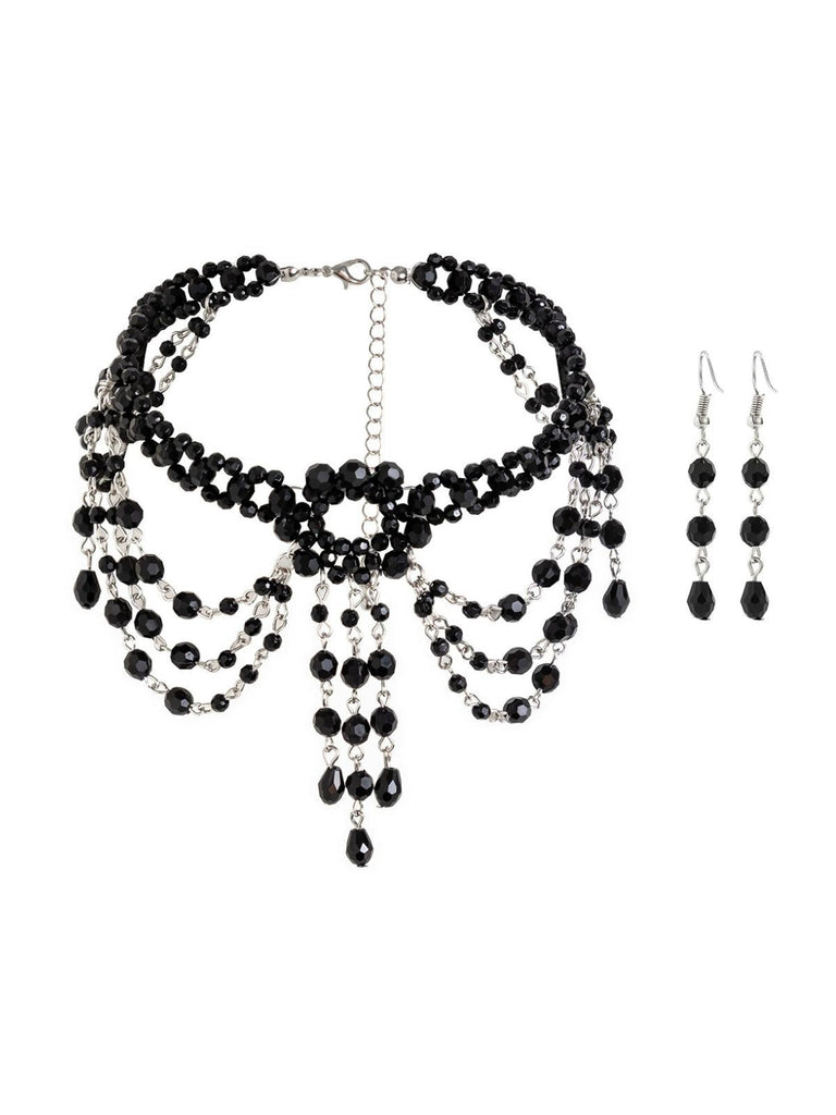 Schwarz Gothic Perlen Kristall Anhänger Halskette & Ohrring Set