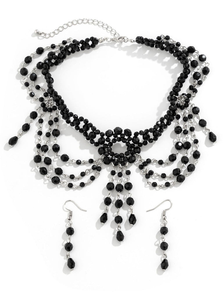 Schwarz Gothic Perlen Kristall Anhänger Halskette & Ohrring Set