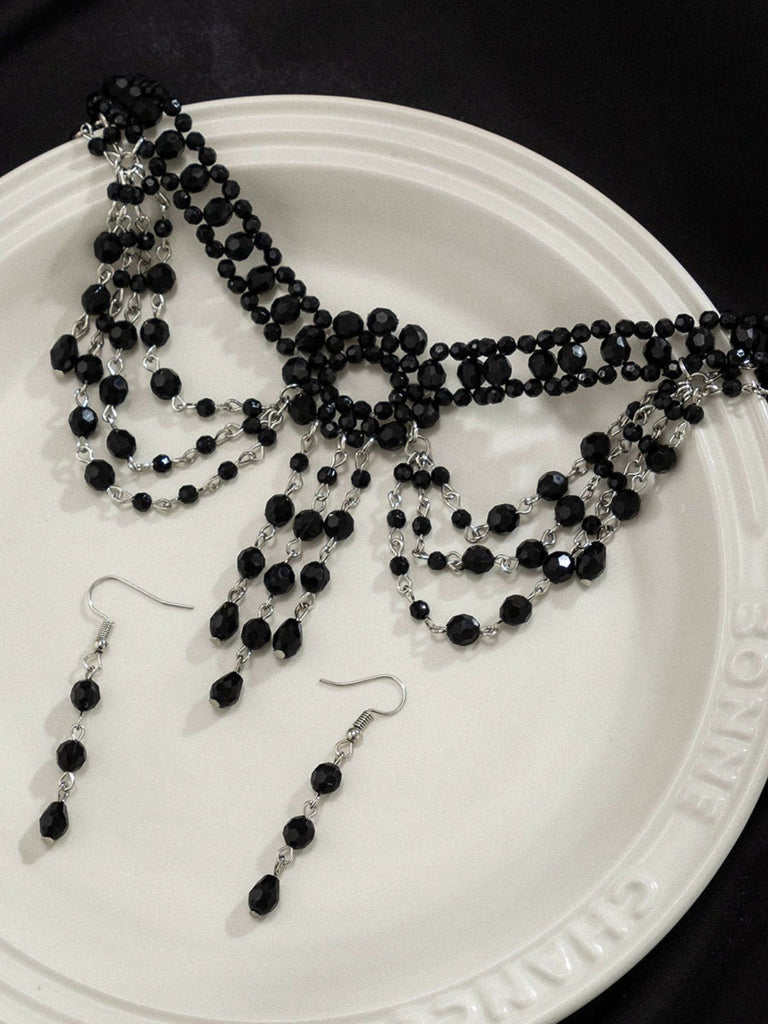 Schwarz Gothic Perlen Kristall Anhänger Halskette & Ohrring Set