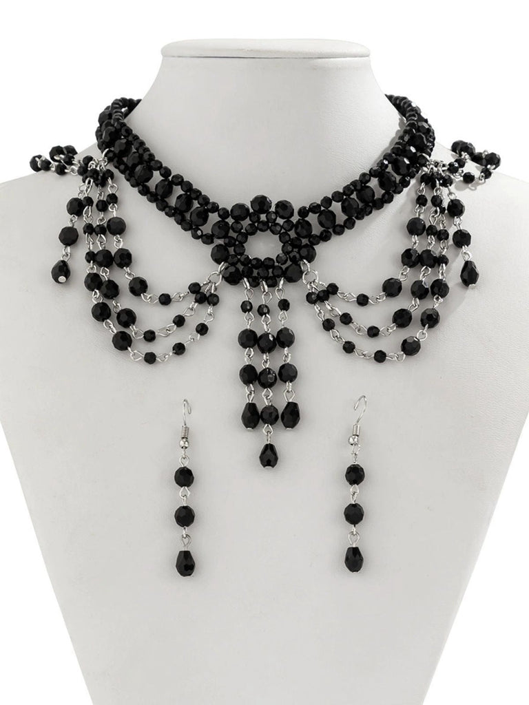 Schwarz Gothic Perlen Kristall Anhänger Halskette & Ohrring Set