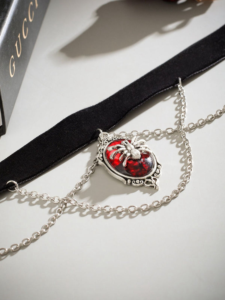 Gothic Spinne Rot Edelstein Anhänger Kette Choker Halskette