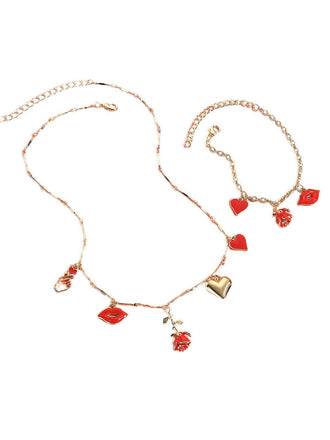 Rot Valentinstag Rose Herz Lippen Halskette & Armband Set