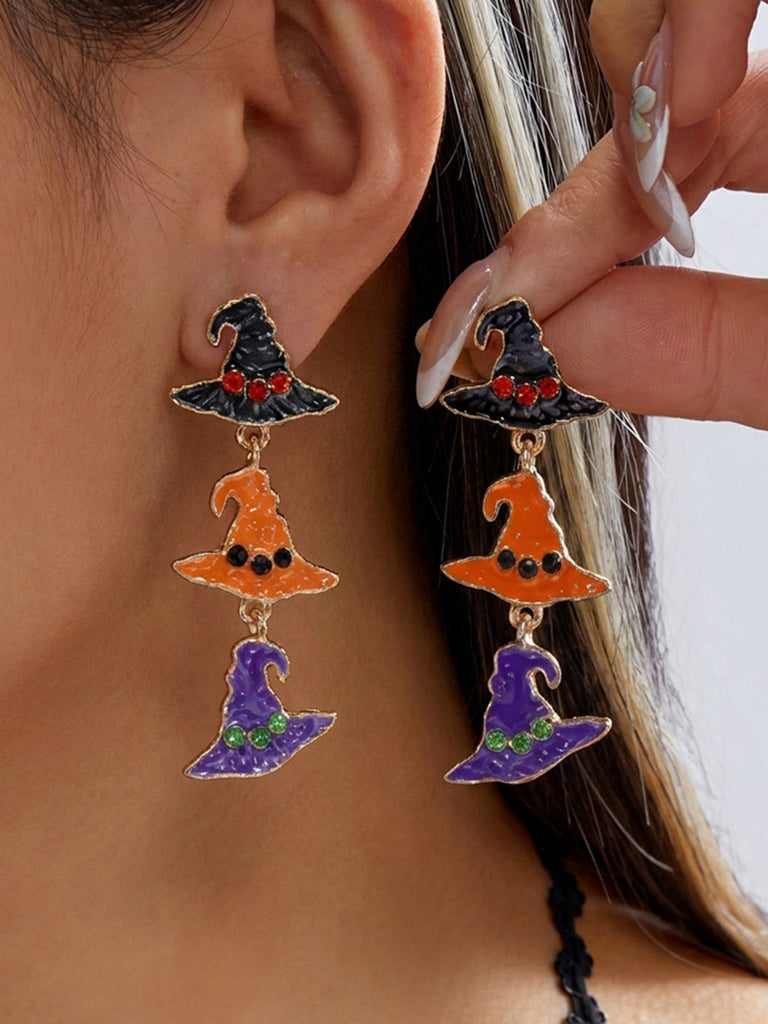 Halloween-Ohrringe mit dreiteiligen Hexenhüten und Strass