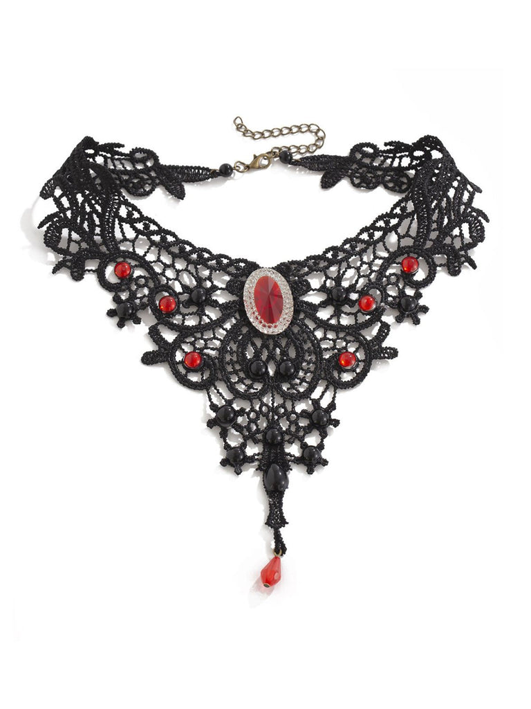 Gothic Halskette mit Spitze und Schmuckstein-Anhänger